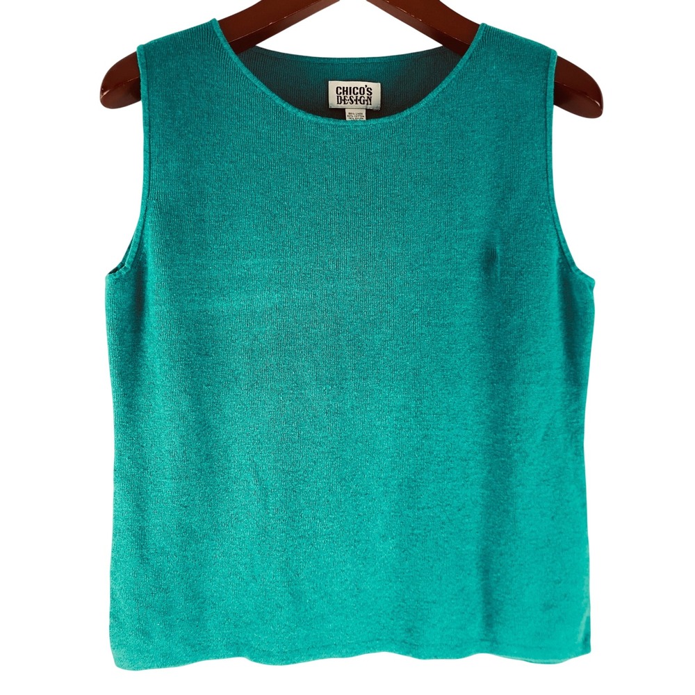 Vintage Chicos Teal Green Linen Cotton Knit Sleeveless Shell Top Size 3 XL Artsy